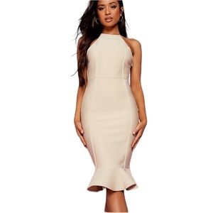 PETITE BANDAGE HALTER BODYCON MIDI DRESS, size 10, COLOR: Ivory